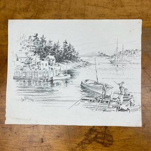 Vintage Jas F. Murray Fishermen Harbor Lithograph Print 12.5" x 10" Signed
